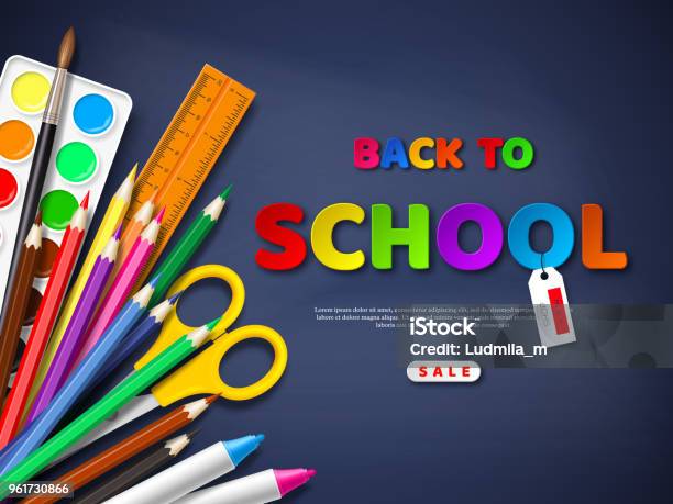 Back To School Sale Poster With Realistic School Supplies Paper Cut Style Letters On Blackboard Background Vector Illustration Stock Illustration - Download Image Now