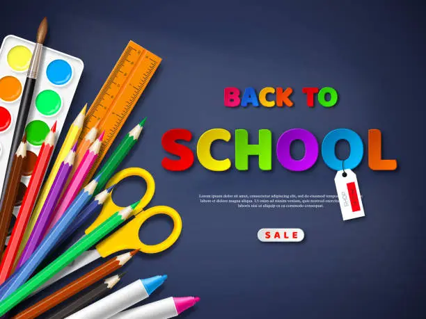 Vector illustration of Back to school sale poster with realistic school supplies. Paper cut style letters on blackboard background. Vector illustration.