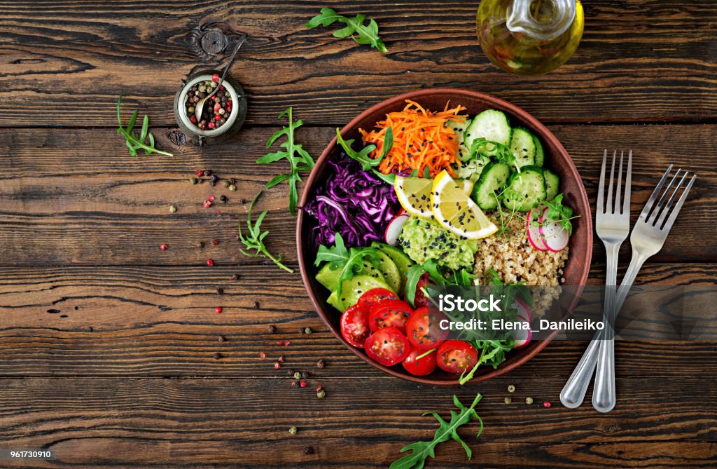 Vegetarian Buddha bowl with quinoa and fresh vegetables. Healthy food concept. Vegan salad. Top view. Flat lay Antioxidant Stock Photo