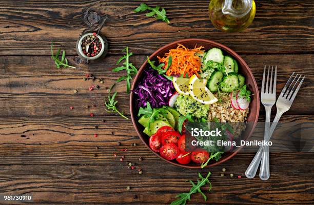 Vegetarian Buddha Bowl With Quinoa And Fresh Vegetables Healthy Food Concept Vegan Salad Top View Flat Lay Stock Photo - Download Image Now