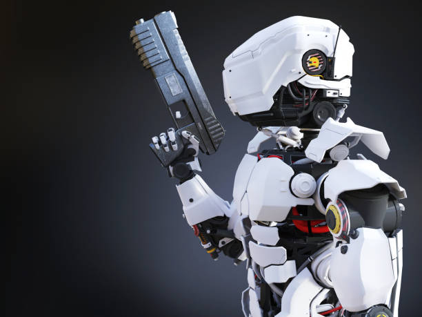 istock 3D rendering of a futuristic robot cop holding gun. 961732418