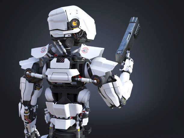 istock 3D rendering of a futuristic robot cop holding gun. 961732432