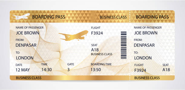 Golden Boarding pass (ticket, traveler check template) with aircraft (airplane or plane) silhouette on gold guilloche background Travel by Aerial Transport. Enjoy your vacation. Isolated vector on white charter stock illustrations