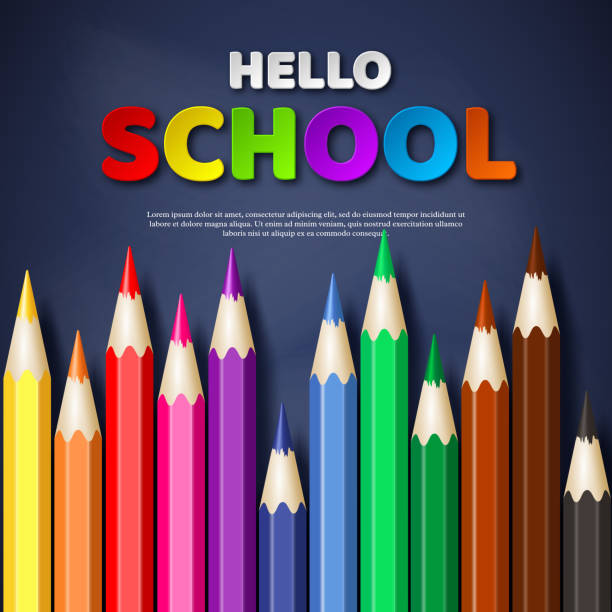 istock Hello school typography design with realistic colorful pencil. Paper cut style letters on blackboard background. Vector illustration. 961736370