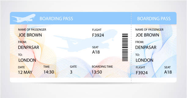Boarding pass (ticket, traveler check template) with aircraft (airplane or plane) silhouette on background Travel by Aerial Transport. Enjoy your vacation. Isolated vector on white charter stock illustrations