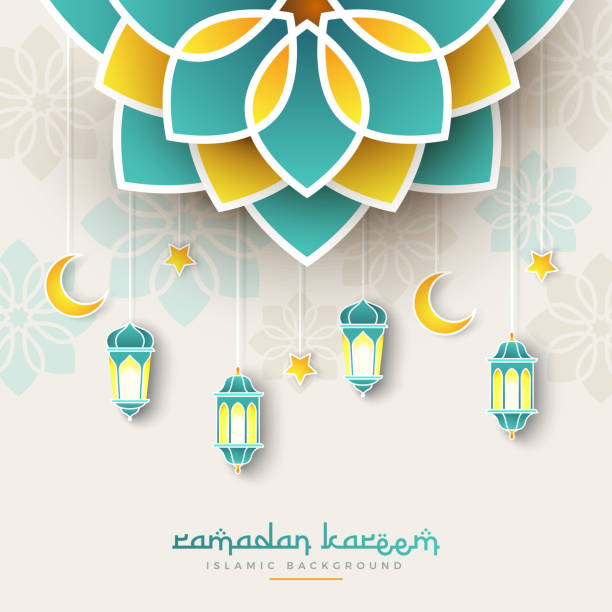 ilustraciones, imágenes clip art, dibujos animados e iconos de stock de ramadán kareem banner concepto con motivos geométricos islámicos y el marco. flores de papel, linternas tradicionales, luna y estrellas en color de fondo de tosca verde oscuro. ilustración de vector - muammar