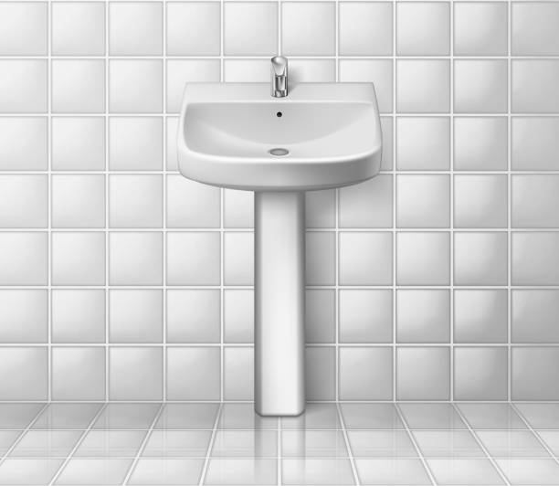 ilustrações, clipart, desenhos animados e ícones de interior de casa de banho com lavatório branco. lavatório de mãos realista. maquete de pia de banheiro isolado. ilustração vetorial - bathroom sink illustrations