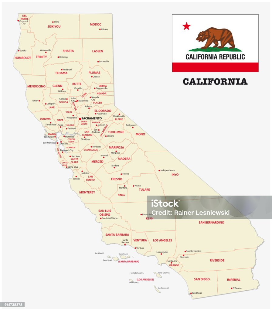california administrative and political map with flag california administrative and political vector map with flag Map stock vector