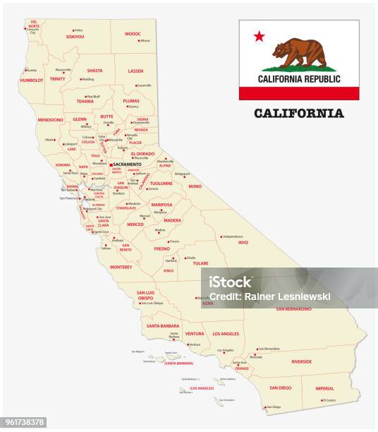 California Administrative And Political Map With Flag Stock Illustration - Download Image Now