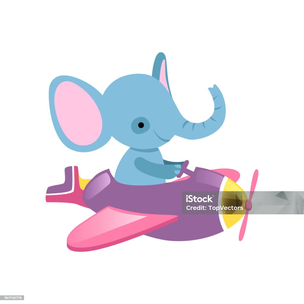 Blue elephant flying on little plane. Wild animal with large ears and long trunk. Funny aircraft pilot. Flat vector for kids room decor, sticker or postcard Blue elephant flying on little plane. Cartoon character of wild animal with large ears and long trunk. Funny aircraft pilot. Graphic design for kids room decor, sticker or postcard. Flat vector icon. Animal stock vector