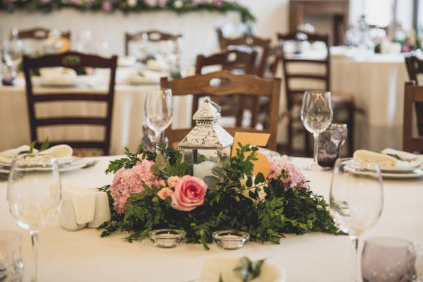 istock Luxury decorated dinner hall in white and brown tones 961747684