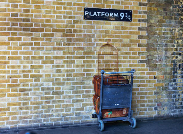 Platform nine and three-quarters at King's Cross station, London stock photo