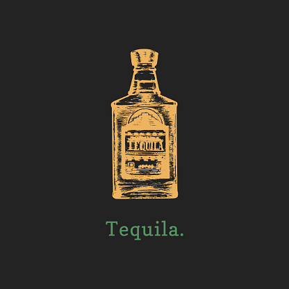 Vector illustration of tequila bottle. Hand drawn sketch of alcoholic beverage for cafe, bar label, restaurant menu.