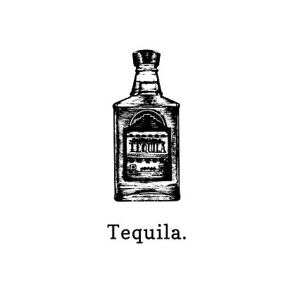 Vector illustration of tequila bottle. Hand drawn sketch of alcoholic beverage for cafe, bar label, restaurant menu.