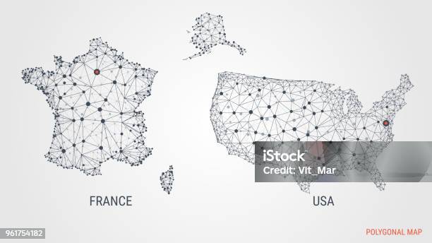 Vector Illustration A Polygonal Map France Usa Abstract 3d Image Dots And Lines Neural Network Technologies And Communications Template For Design Projects Stock Illustration - Download Image Now