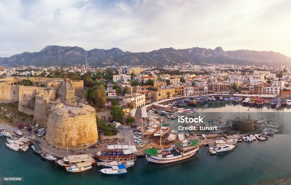 Aerial View of Old Marina of Girne (Kyrenia), Cyprus Kyrenia (Girne) is a city on the north coast of Cyprus, known for its cobblestoned old town and horseshoe-shaped harbor. Republic Of Cyprus Stock Photo