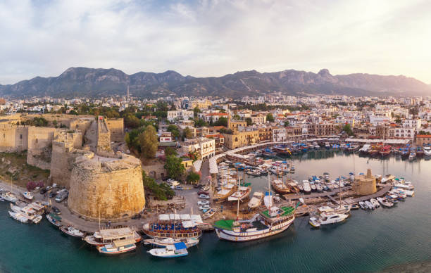 Aerial View of Old Marina of Girne (Kyrenia), Cyprus Kyrenia (Girne) is a city on the north coast of Cyprus, known for its cobblestoned old town and horseshoe-shaped harbor. cyprus island photos stock pictures, royalty-free photos & images