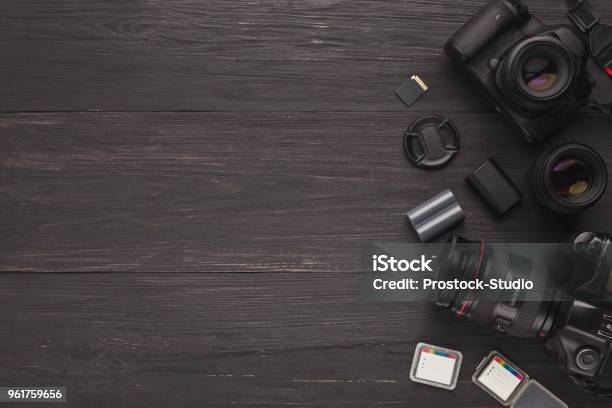 Diverse Personal Equipment For Photographer Stock Photo - Download Image Now - Camera - Photographic Equipment, Photographer, Equipment