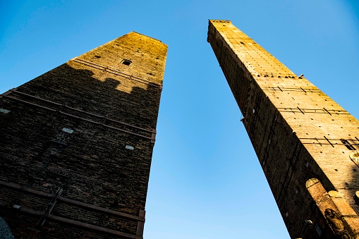 A view of the Two Towers (Due Torri) in the city of Bologna, Italy