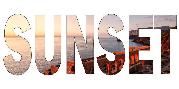 istock Written SUNSET with background an ancient mining construction on the sea 961767902