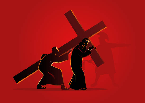 simon von cyrene hilft jesus carry sein kreuz - station of the cross stock-grafiken, -clipart, -cartoons und -symbole