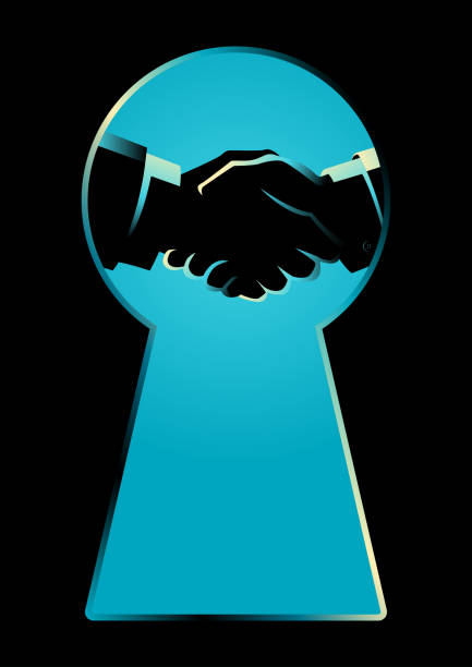 Backroom Deals Business concept illustration of two businessmen shaking hands seen through a keyhole, business idiom for backroom deals dealing cards stock illustrations