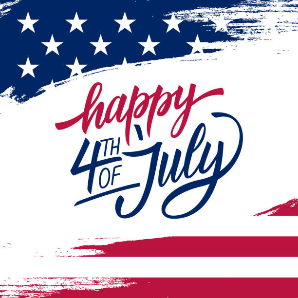 ilustrações de stock, clip art, desenhos animados e ícones de happy independence day greeting card with brush stroke background in united states national flag colors and hand lettering text happy 4th of july. - 4th of july