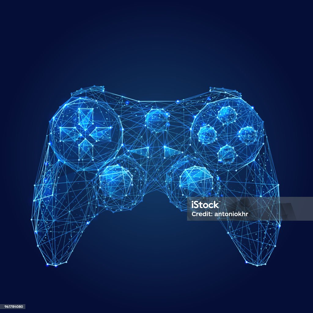 Joystick low poly blue Abstract vector image of joystick for video games. Low poly wire frame illustration. Lines and dots. RGB Color mode. Computer games concept. Polygonal art. Leisure Games stock vector