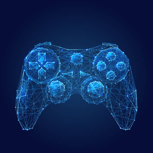 Joystick low poly blue Abstract vector image of joystick for video games. Low poly wire frame illustration. Lines and dots. RGB Color mode. Computer games concept. Polygonal art. video still stock illustrations