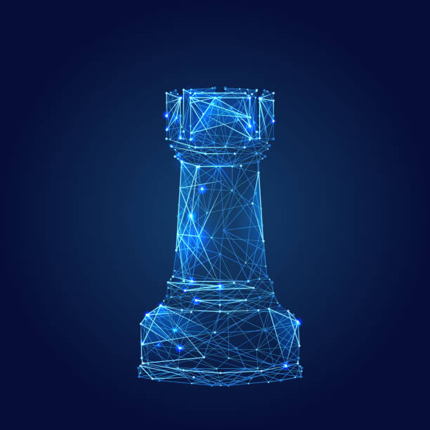 chess rook low poly blue Abstract vector image of chess rook. Low poly wire frame illustration. Lines and dots. RGB Color mode. Chess game concept. Polygonal art. chess rook stock illustrations