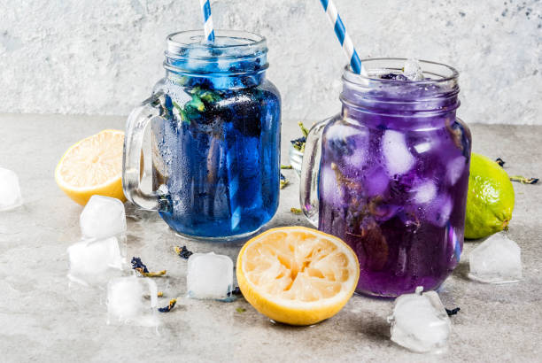 Iced butterfly pea flower tea Healthy summer cold beverage, iced organic blue and violet butterfly pea flower tea with limes and lemons, grey concrete background copy space top view mason jar lemonade stock pictures, royalty-free photos & images