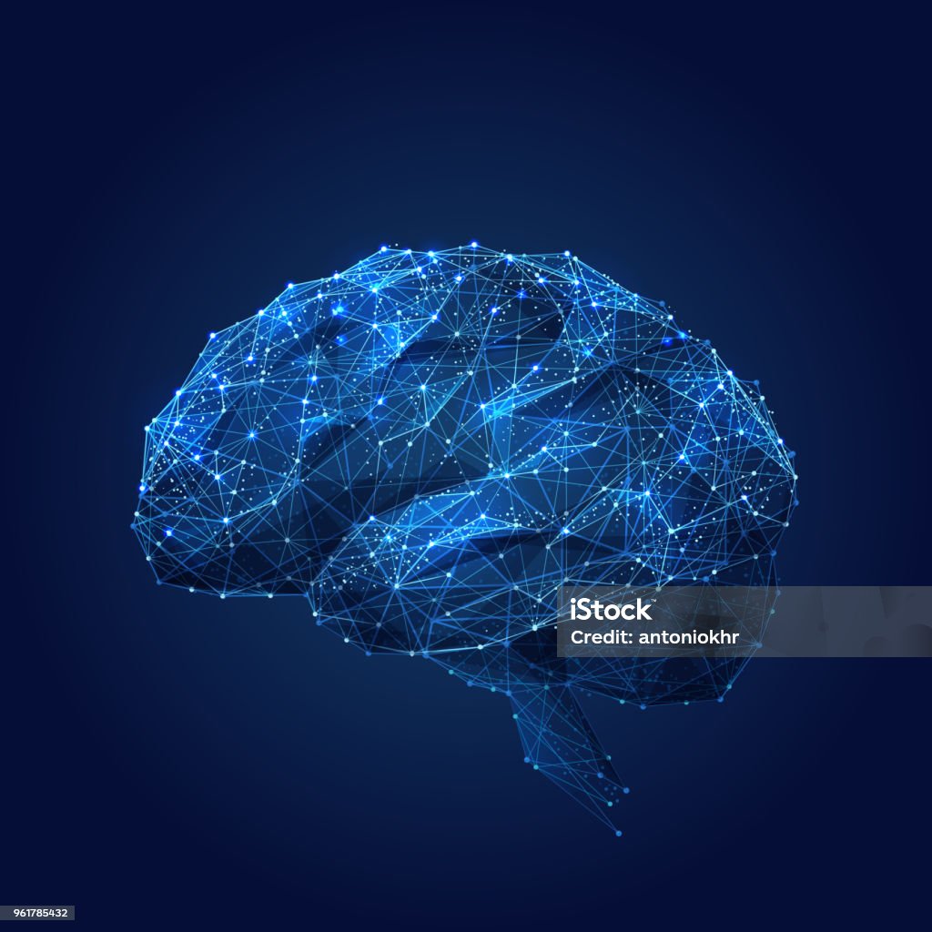 Brain low poly blue Abstract vector image of a human Brine . Low poly wire frame blue illustration on dark background. Lines and dots. RGB Color mode. Best idea concept. Polygonal art. Technology stock vector