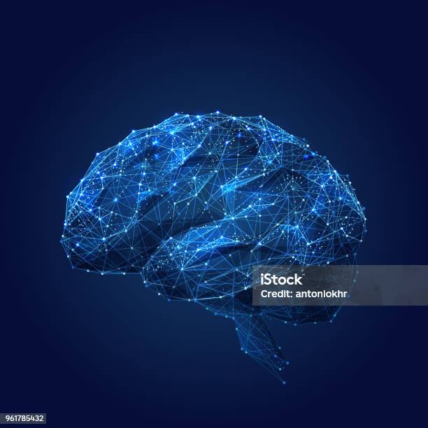 Brain Low Poly Blue Stock Illustration - Download Image Now - Technology, Human Brain, Connection