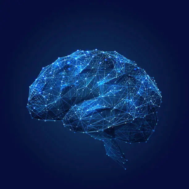Vector illustration of Brain low poly blue