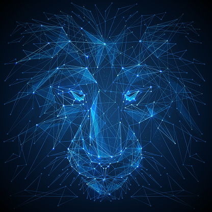 Abstract vector image of lion. Lion's head Low poly wire frame illustration. Lines and dots. RGB Color mode. Wild animals concept. Polygonal art.