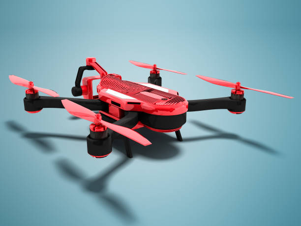 istock Modern red dot drone red with black insets at the back 3d render on blue background with shadow 961789840