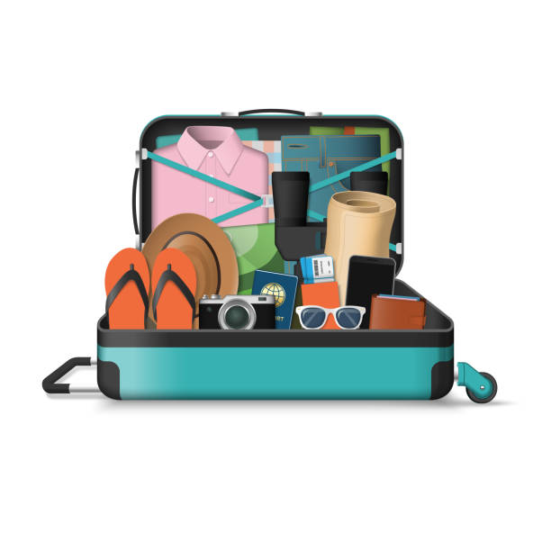 ilustrações de stock, clip art, desenhos animados e ícones de opened travel suitcase full of things for summer vacation. vector illustration isolated on white background - stuffed