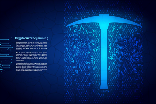 A stream of hexadecimal code on background. The concept of coding and mining of cryptocurrency. Abstract mining concept with pickaxe and computer code. Illustration vector.