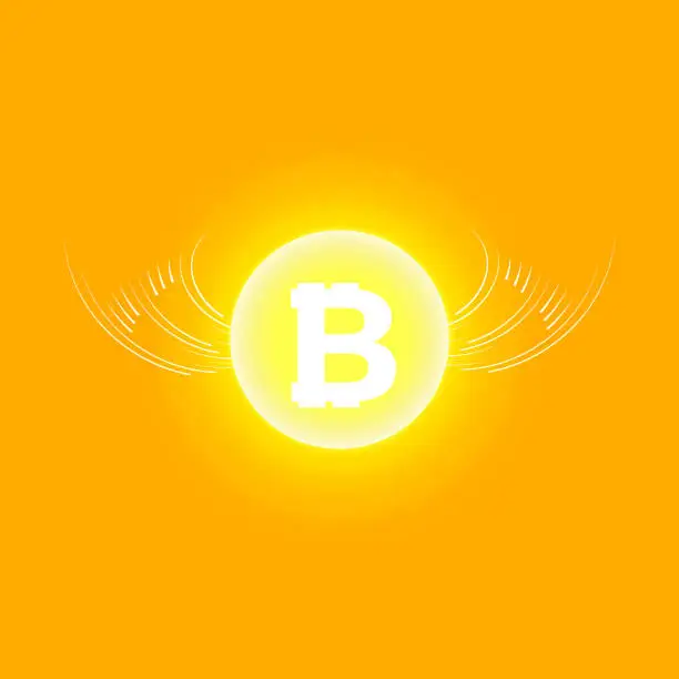 Vector illustration of Bitcoin Cripto currency blockchain. Bitcoin flat logo on orange background. Bitcoin with wings