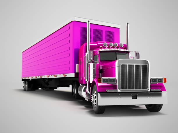 istock Truck purple with purple trailer 3d render on gray background with shadow 961794338