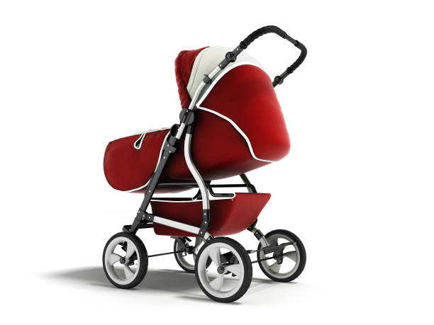 istock Modern baby carriage with dome against rain and wind red with white insets 3D render on white background with shadow 961794622