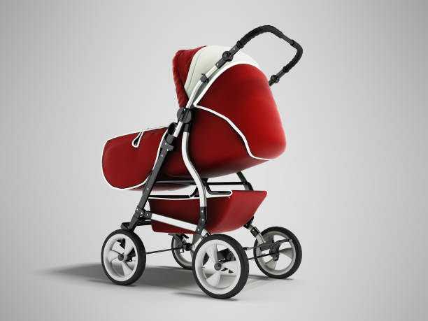 istock Modern baby carriage with dome against rain and wind red with white insets 3D render on gray background with shadow 961794994