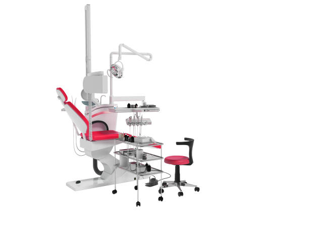 istock Modern dental chair with lighting with tools for drilling white with red inserts and with tools and an armchair for the dentist on the right 3d render on white background no shadow 961798004