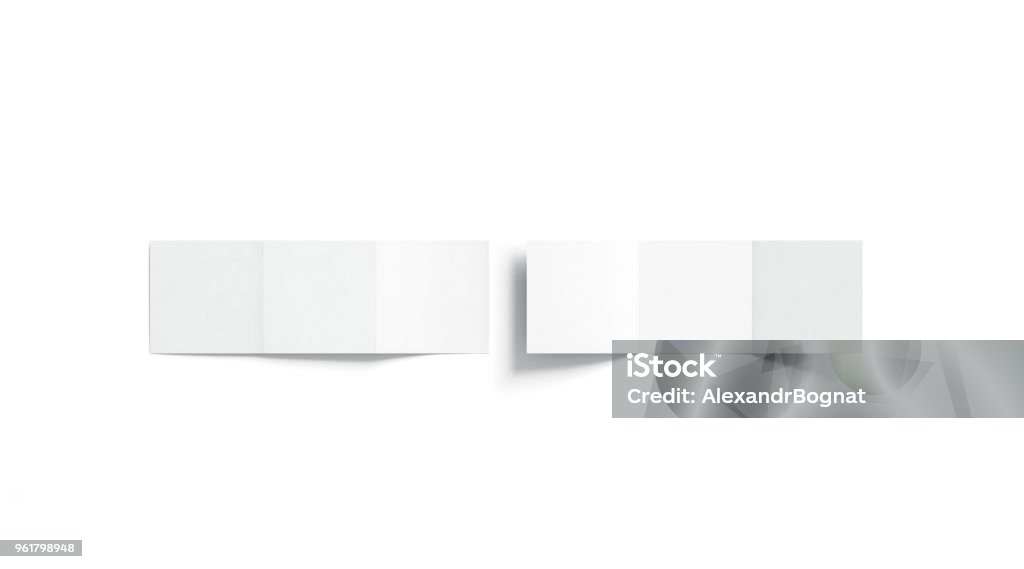 Blank white trifold booklet mock up, top view Blank white trifold booklet mock up, top view, 3d rendering. Plain z-fold square brochures mockup set. Front and rear view book cover template, isolated. Brochure Stock Photo