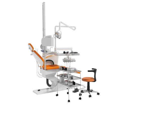 istock Modern dental chair with lighting with tools for drilling white with orange inserts and with tools and an armchair for the dentist on the right 3d render on white background no shadow 961802694