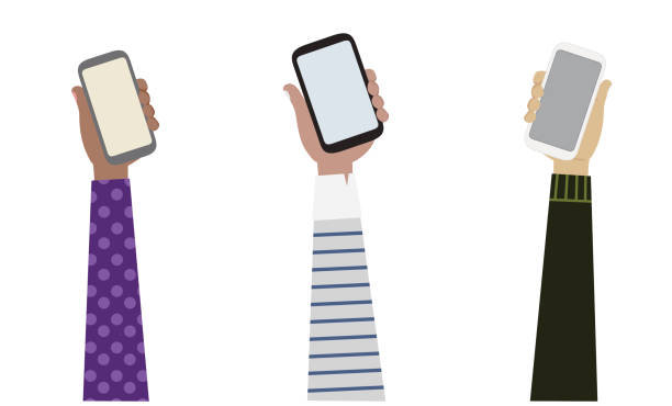 ilustraciones, imágenes clip art, dibujos animados e iconos de stock de vector de dibujo de 3 brazos de diferentes etnias con ilustración de 3 teléfonos inteligentes, concepto de comunicación. - hand holding phone