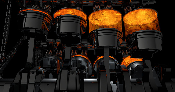 3D Rendering of a working V8 engine with explosions. Pistons and other mechanical parts are in motion.