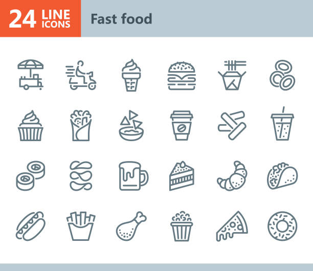 ilustrações de stock, clip art, desenhos animados e ícones de fast food - line vector icons - coffee bagel donut coffee cup