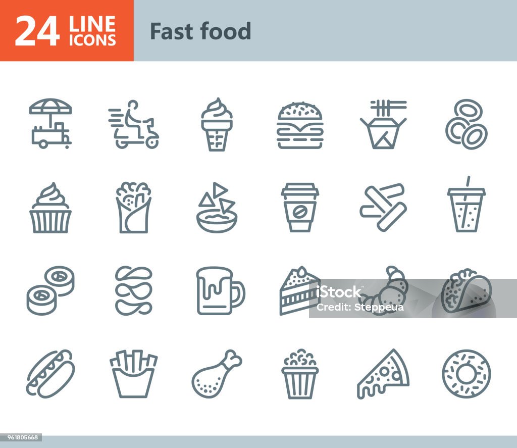 Fast Food - line vector icons Vector Line icons set. One icon consists of a single object. Files included: Vector EPS 10, HD JPEG 3000 x 2600 px Icon Symbol stock vector