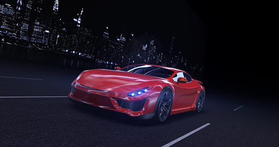 Generic Red sports car moving on highway in the city at night with headlights on